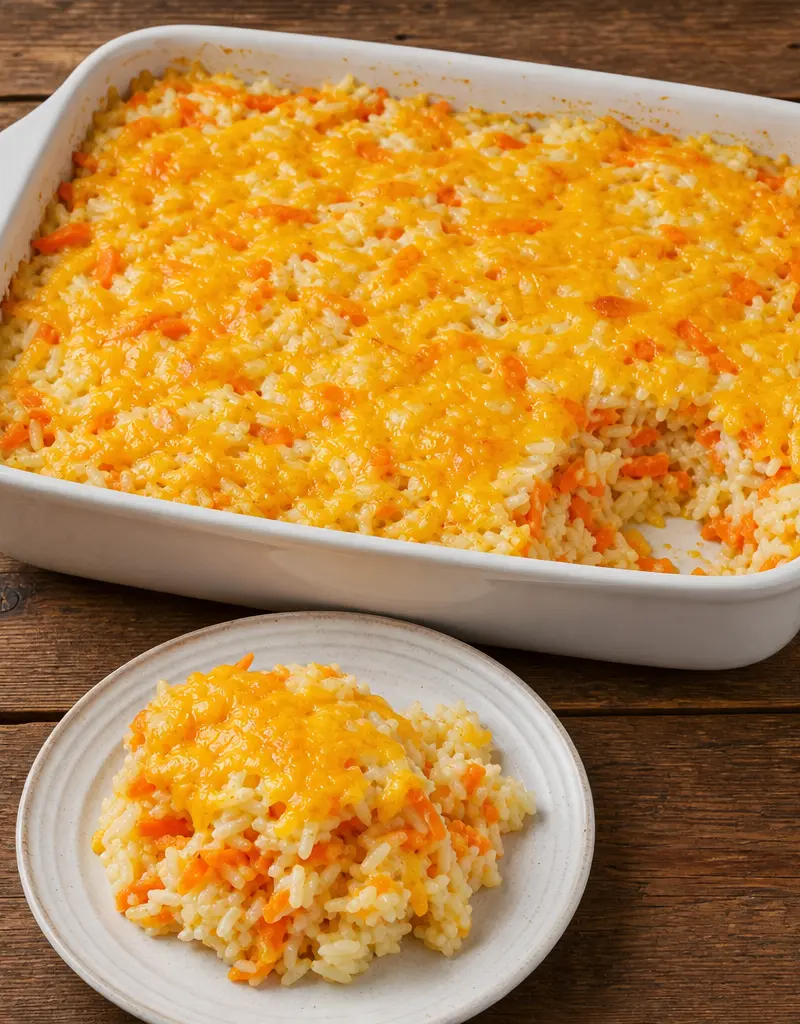 Cheesy Carrot and Rice Casserole prepared dish