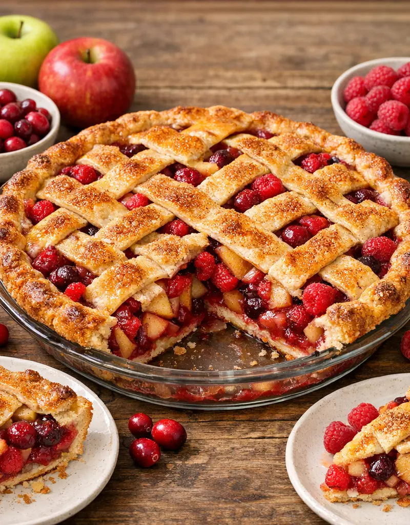 Apple Cranberry Raspberry Pie prepared dish