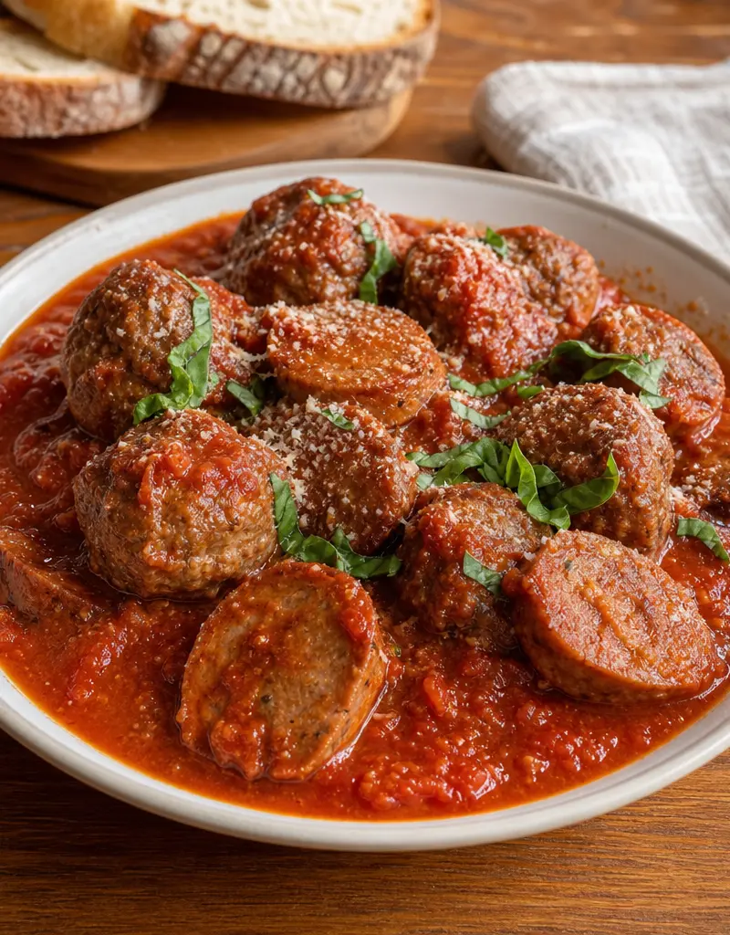 Italian Tomato Sauce with Meatballs and Sausage prepared dish