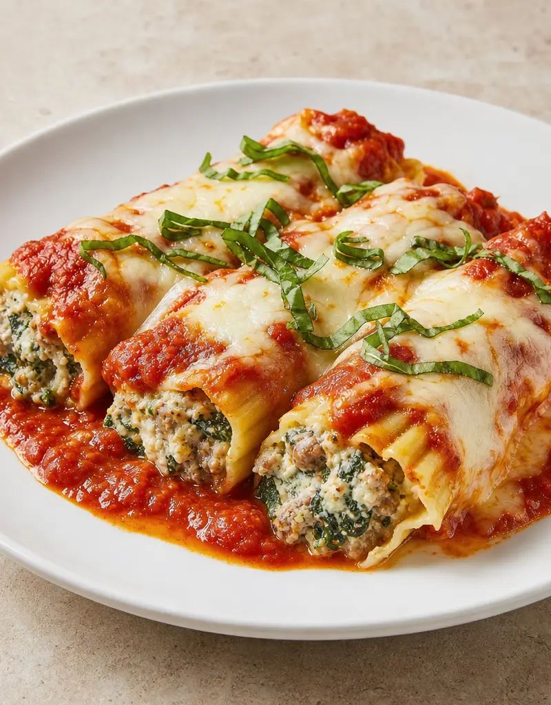 Spinach and Sausage Stuffed Manicotti prepared dish