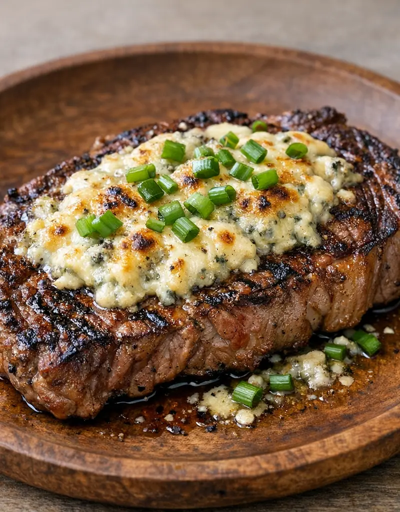 Grilled Steak With Gorgonzola Crust And Scallions prepared dish