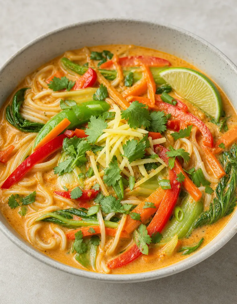 Coconut Ginger Curry Noodle Bowl prepared dish