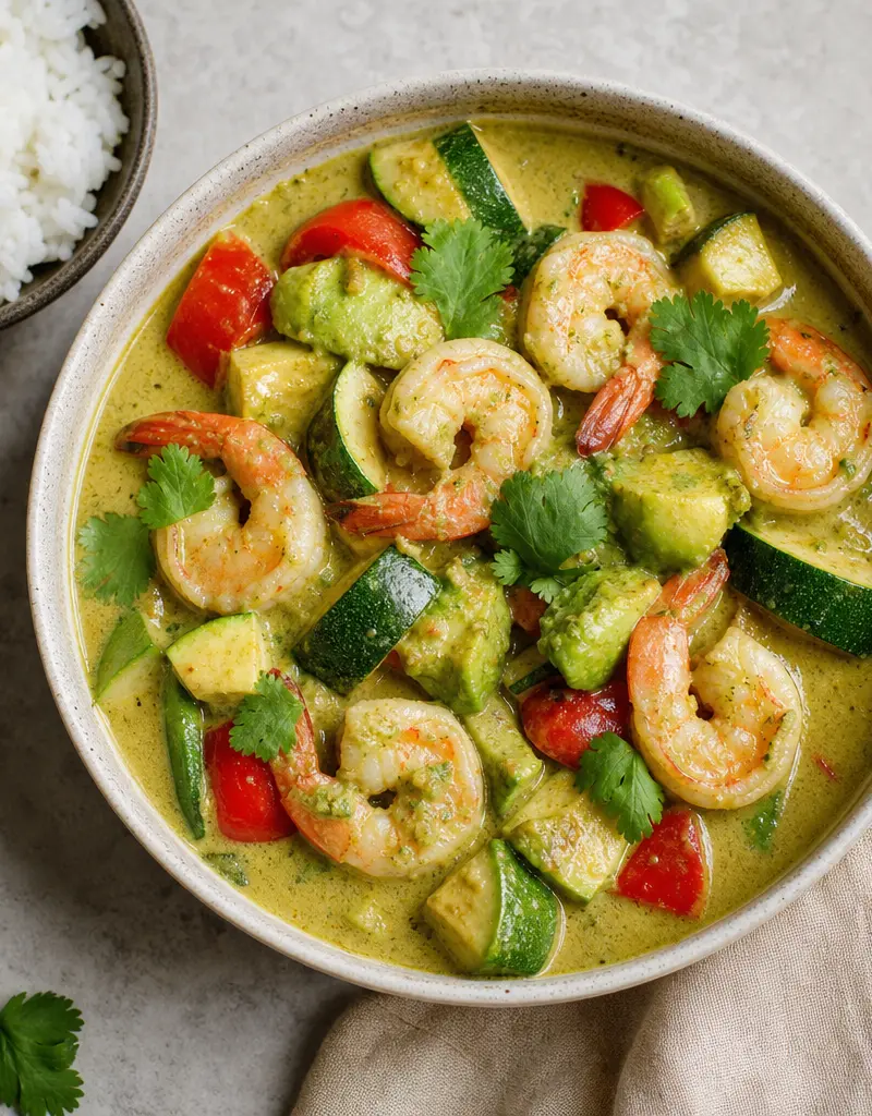 Fiery Avocado Green Curry with Shrimp prepared dish