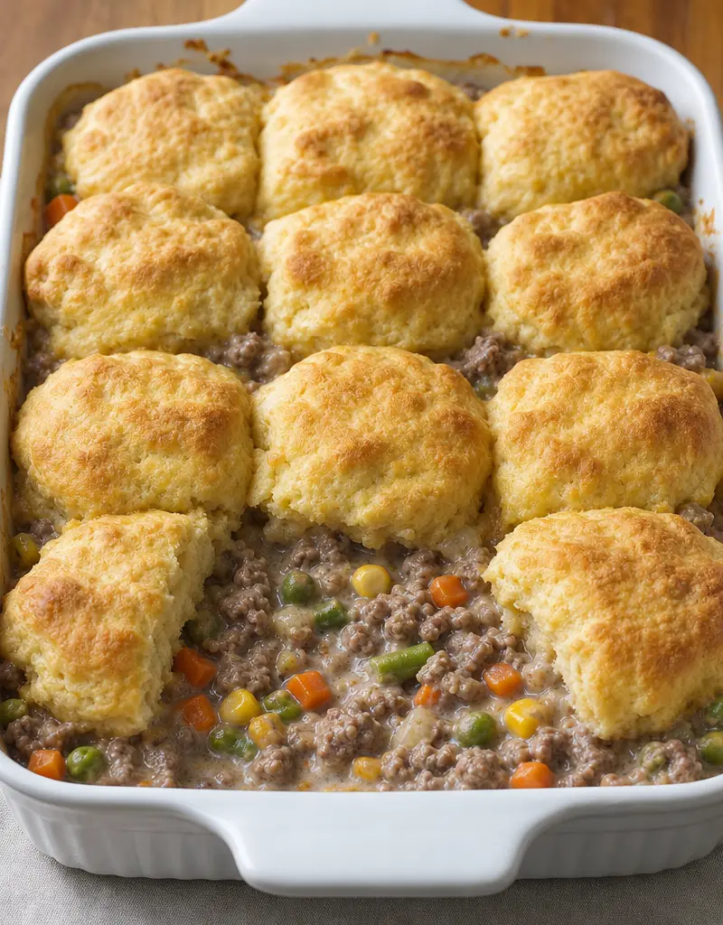 Ground Beef and Biscuit Casserole prepared dish