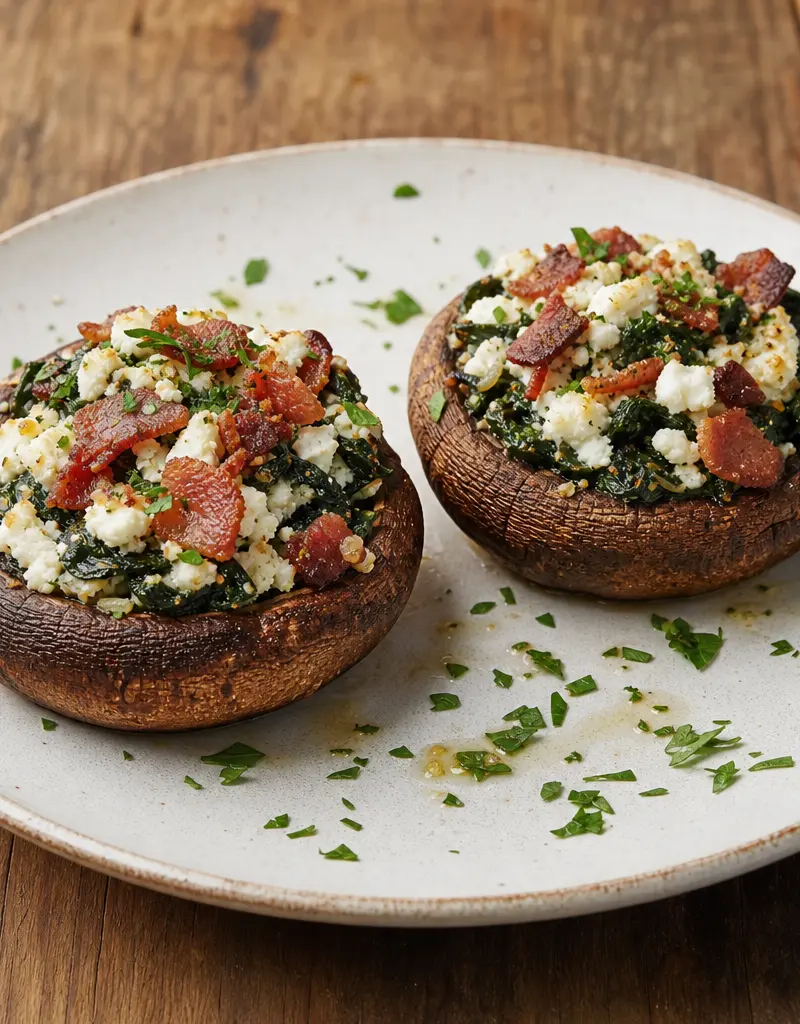 Feta and Bacon Stuffed Portabella Mushrooms prepared dish