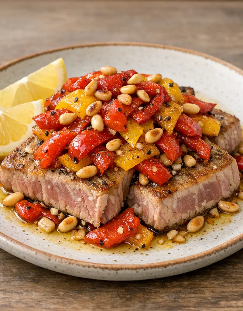 Tuna With Roasted Peppers And Pine Nuts prepared dish