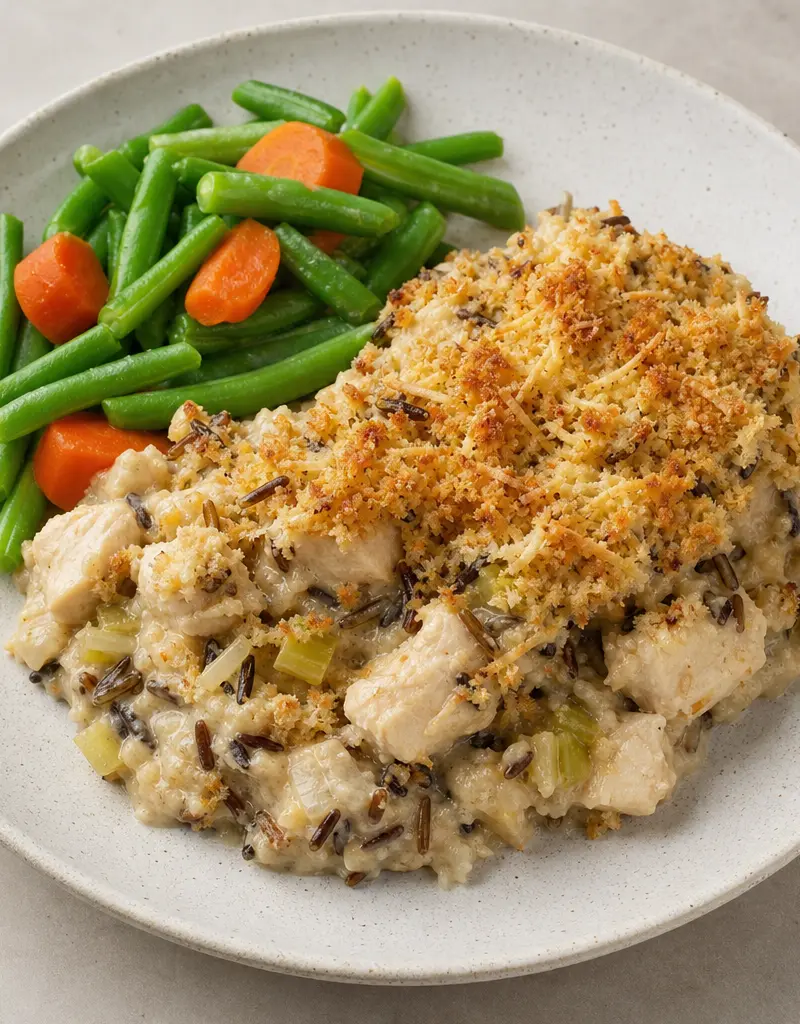 Creamy Chicken and Wild Rice Casserole prepared dish