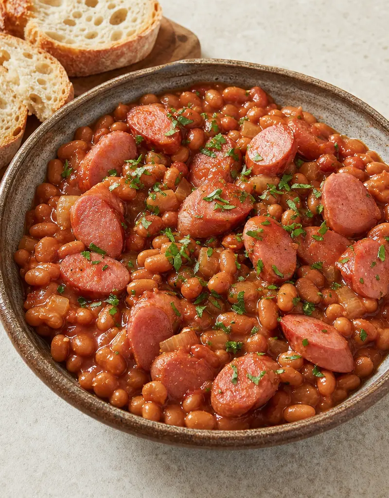 Baked Beans with Frankfurter Sausages prepared dish