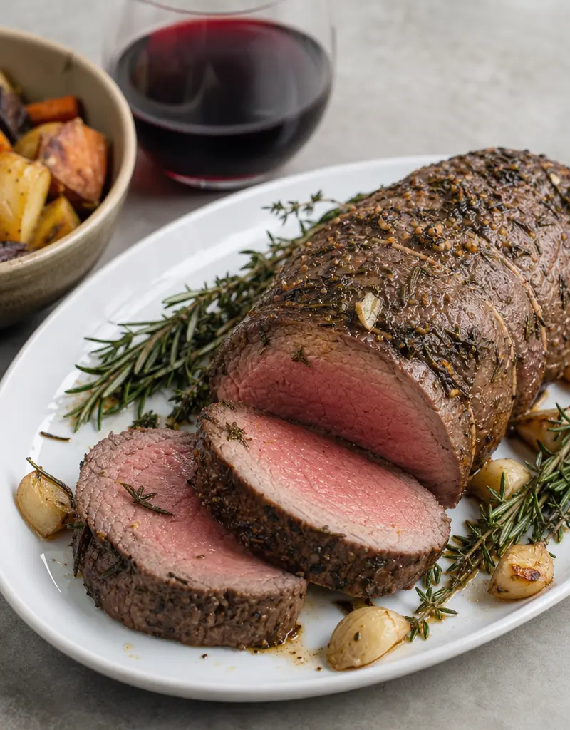 Roasted Beef Tenderloin with Garlic and Herbs prepared dish