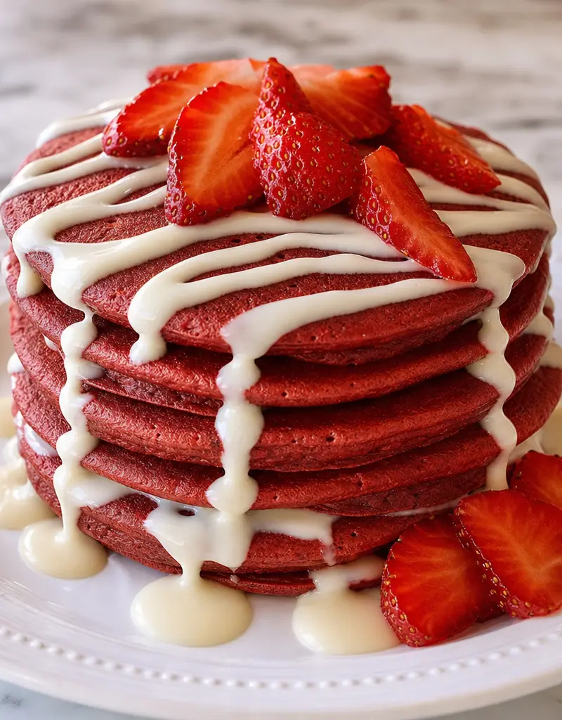 Red Velvet Pancakes with Cream Cheese Drizzle prepared dish