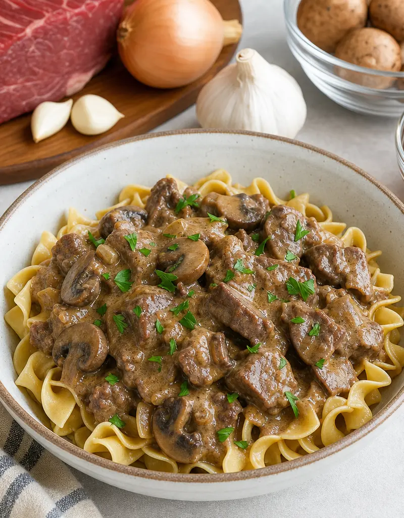 Slow Cooker Beef Stroganoff with Mushrooms prepared dish