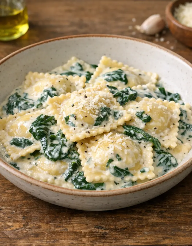 Creamy Spinach And Ricotta Ravioli prepared dish