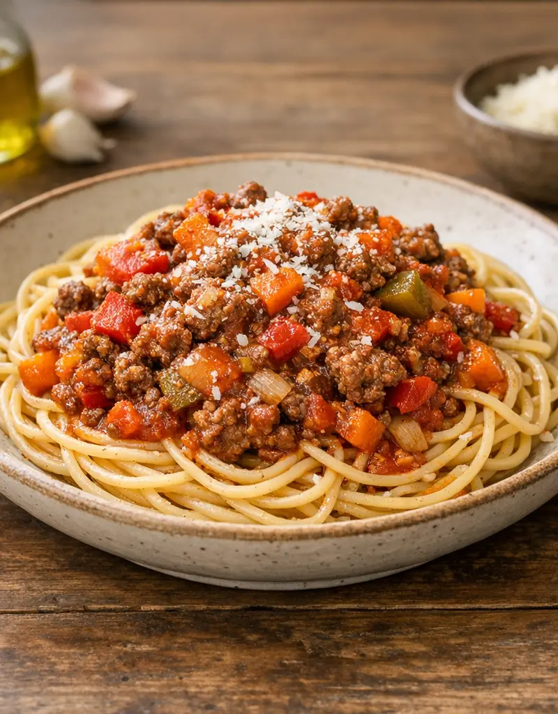 Spaghetti With Chunky Meat And Vegetable Sauce prepared dish