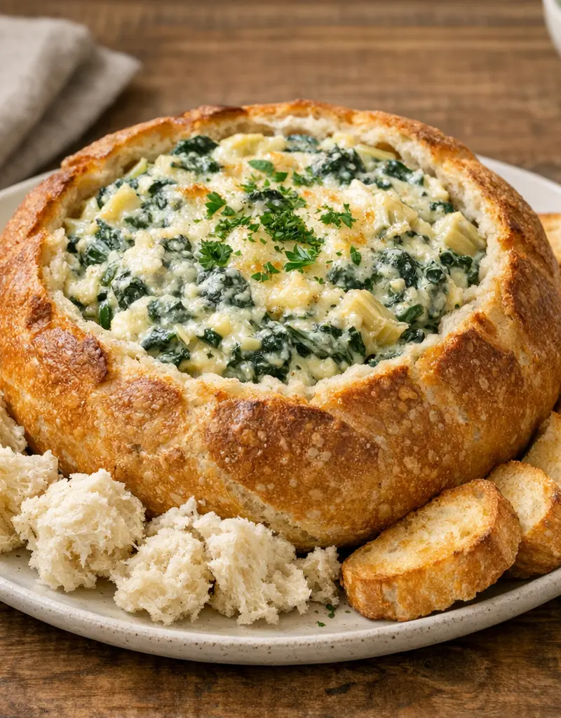 Spinach And Artichoke Dip In A Bread Bowl prepared dish