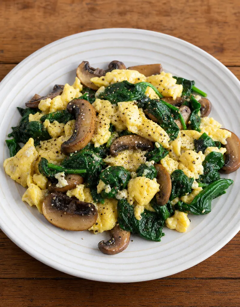 Sautéed Eggs with Mushrooms and Spinach prepared dish