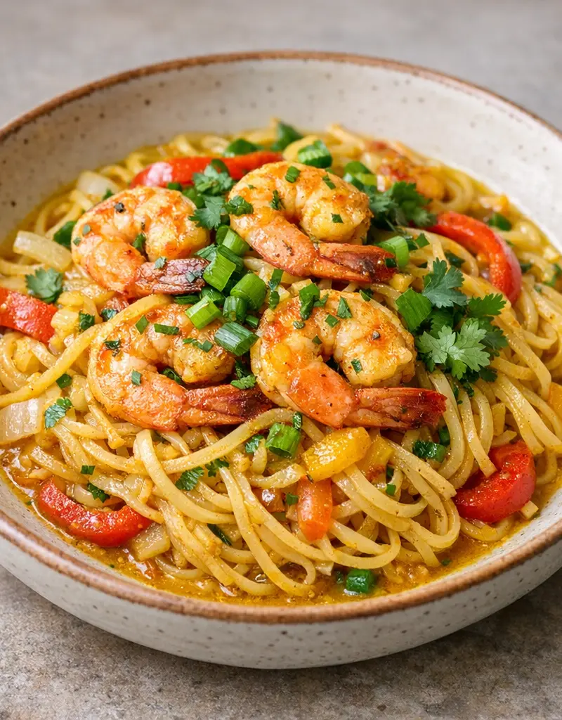 Curried Shrimp Stir-fried Rice Noodles prepared dish