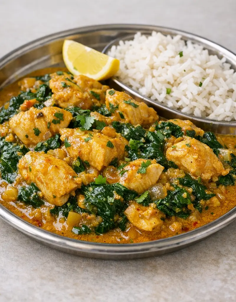 Garlic Curry Chicken With Spinach prepared dish
