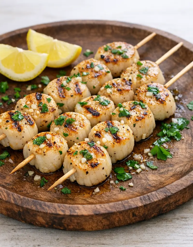 Greek Style Sea Scallops Brochettes prepared dish
