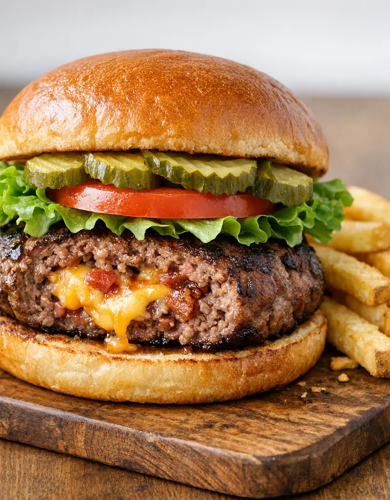 Smoked Cheddar Bacon Stuffed Hamburgers prepared dish
