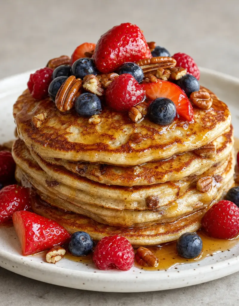 Banana Pecan Pancakes with Fresh Berries prepared dish