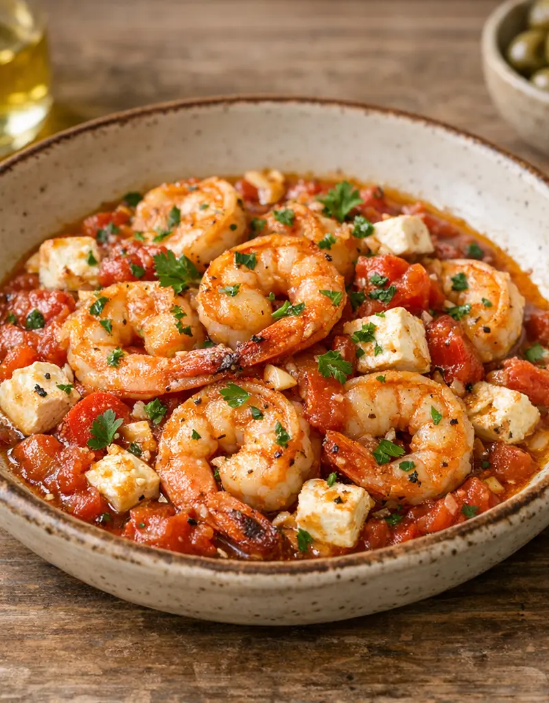 Flambéed Shrimp With Tomatoes And Feta Cheese prepared dish