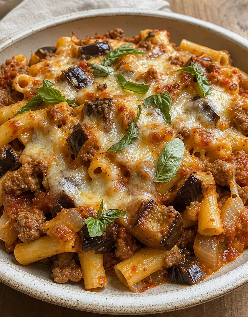 Eggplant Sausage Ziti Casserole prepared dish