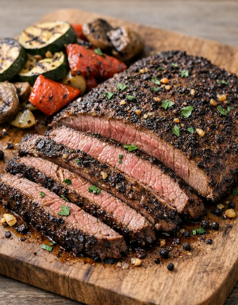 Coffee Peppercorn Marinated Flank Steak prepared dish
