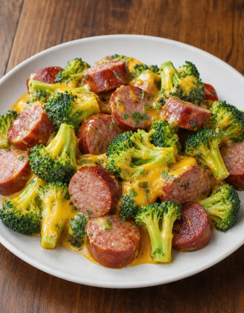 Smoked Sausage with Broccoli and Cheese prepared dish