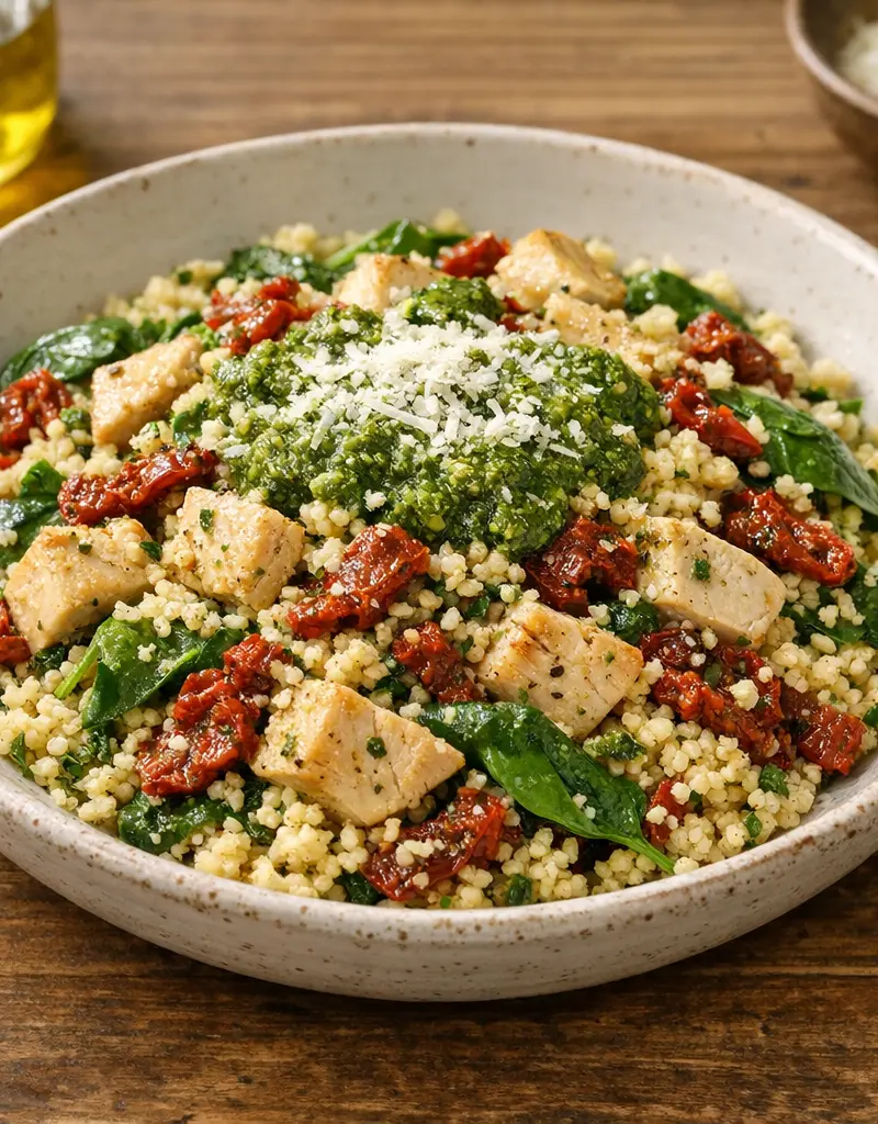 Sun-dried Tomato Chicken Pesto Couscous Salad prepared dish