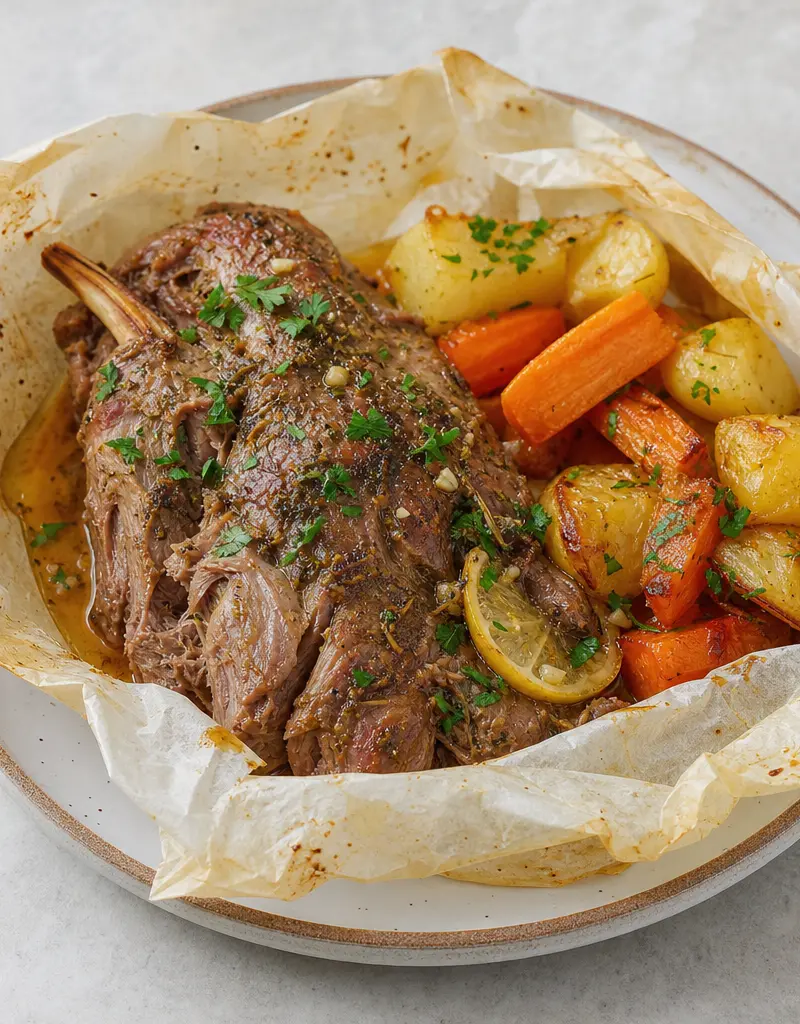 Greek Style Lamb Wrapped in Parchment prepared dish