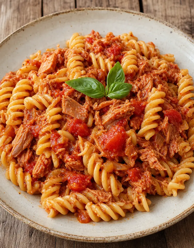 Fusilli Pasta with Tuna and Tomato Sauce prepared dish