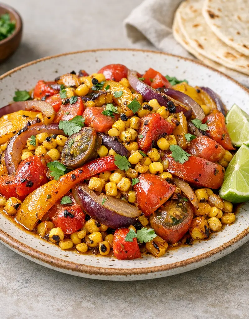 Charred Corn And Heirloom Tomato Fajitas prepared dish