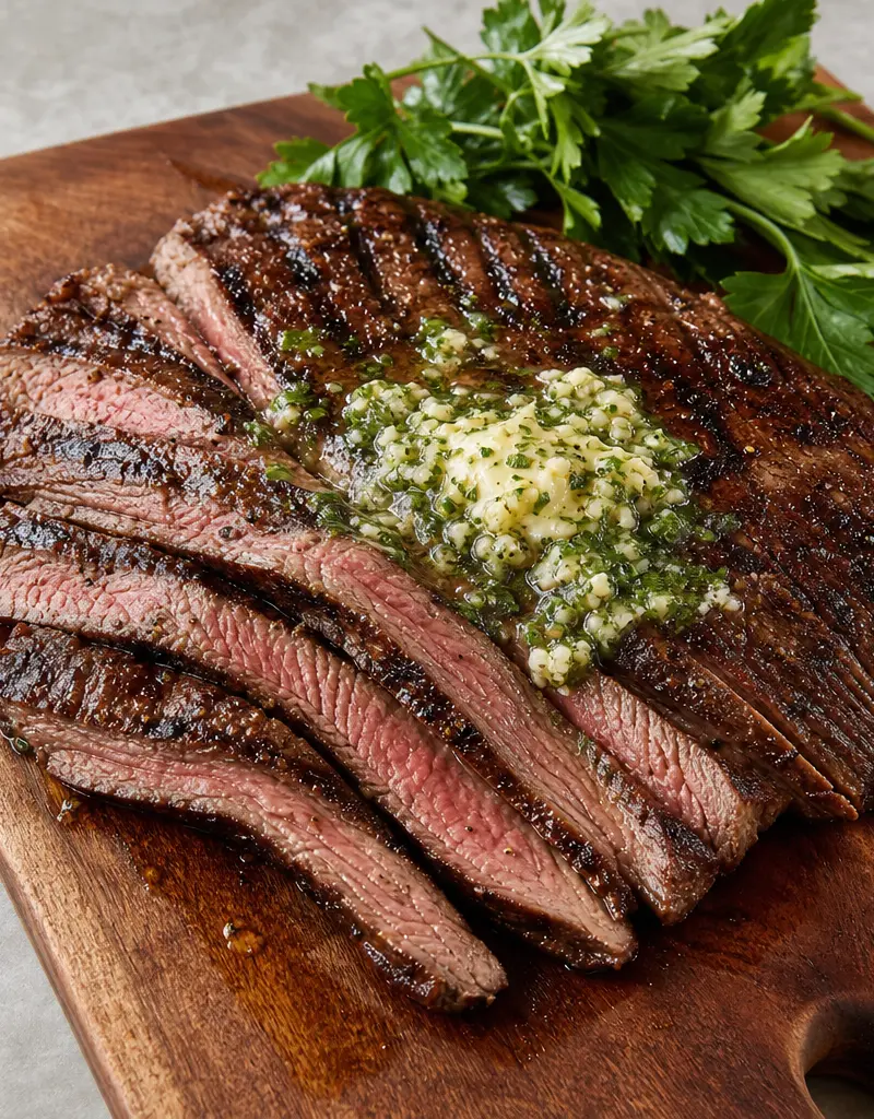 Grilled Flat Iron Steak with Garlic Herb Butter prepared dish