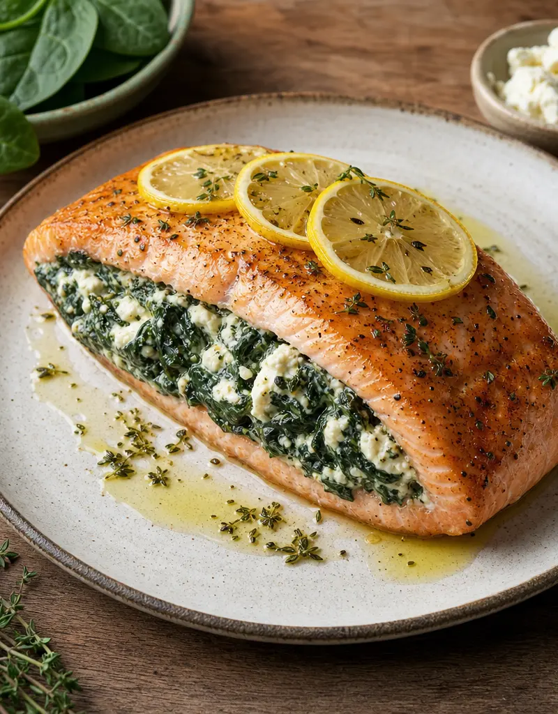 Feta Spinach Stuffed Salmon prepared dish
