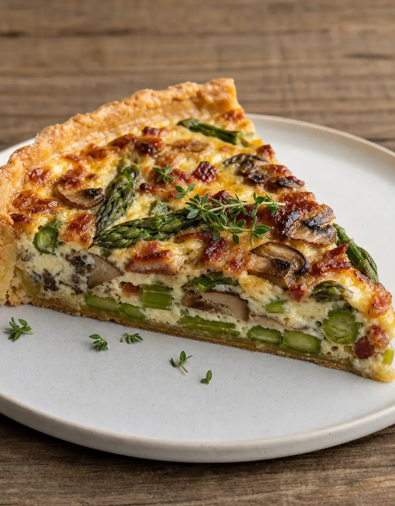 Hearty Mushroom, Asparagus, and Bacon Quiche prepared dish