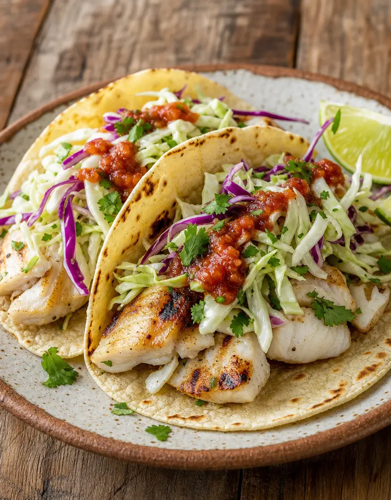 Grilled Fish Tacos with Cabbage Slaw prepared dish