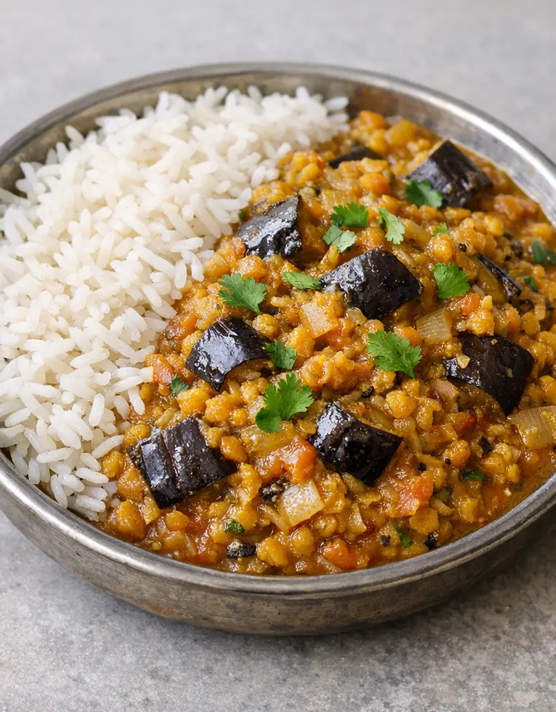 Eggplant Dhal Curry With Basmati Rice prepared dish