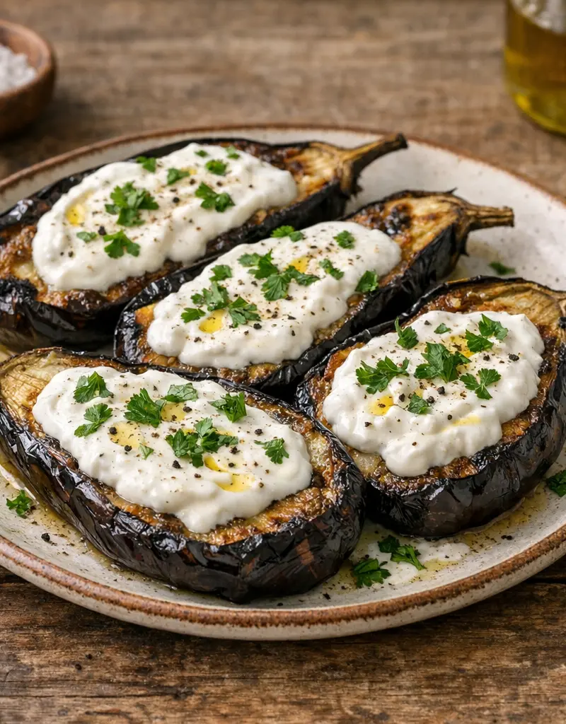 Fire Roasted Eggplant With Yogurt Sauce prepared dish