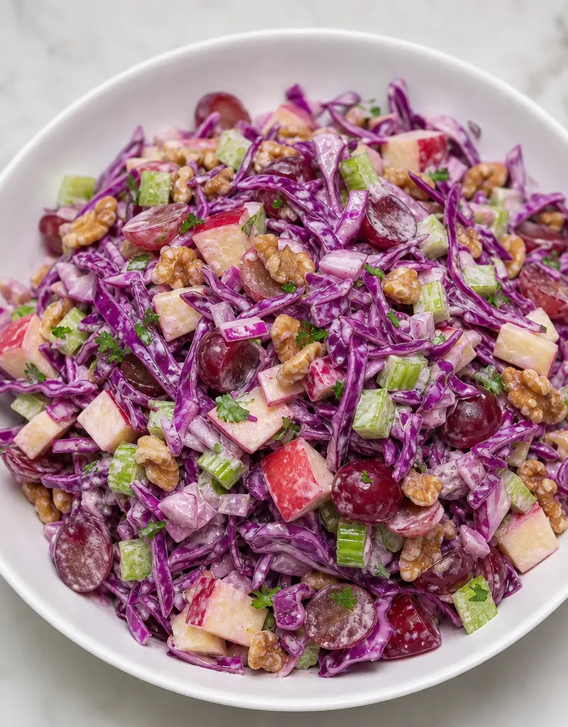 Purple Waldorf Salad with Red Cabbage, Apples, Grapes, and Walnuts prepared dish
