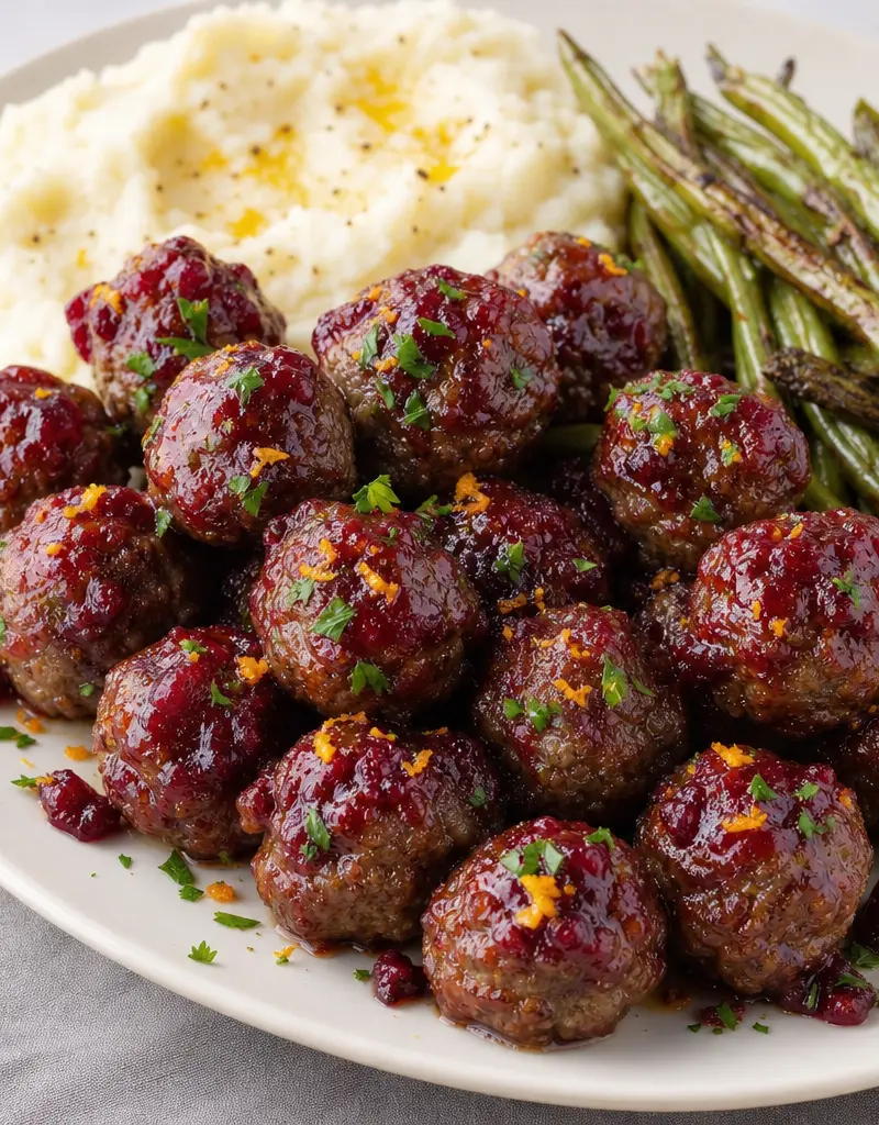 Cranberry-glazed Beef and Pork Meatballs prepared dish