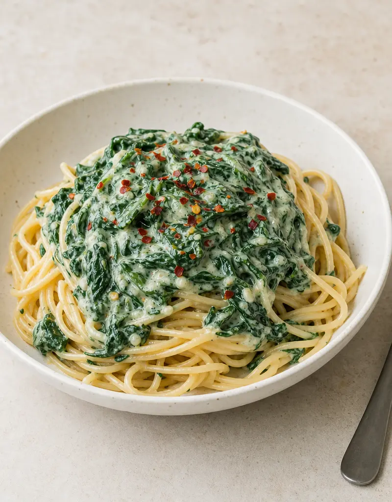 Spaghetti with Coconut Spinach prepared dish