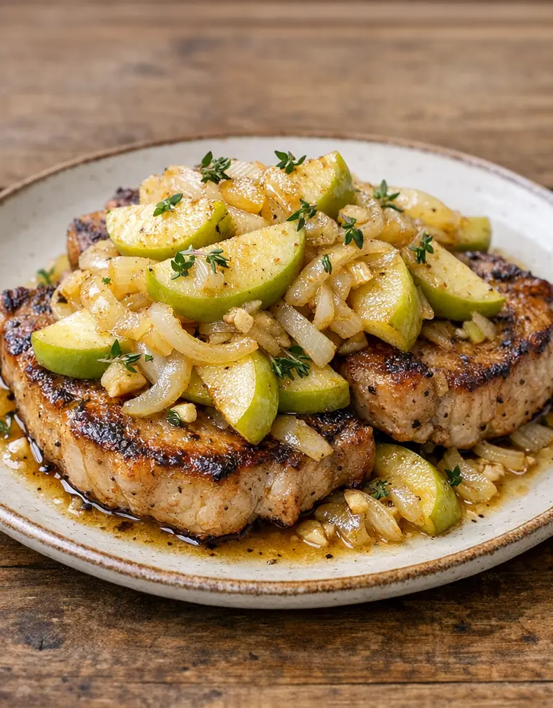 Pan-seared Pork Chops With Granny Smith Apples prepared dish
