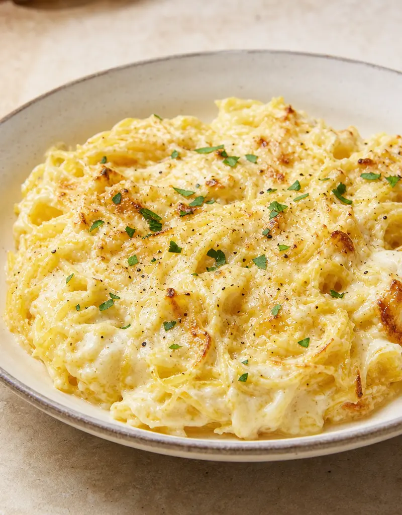 Creamy Baked Spaghetti Squash with Parmesan prepared dish