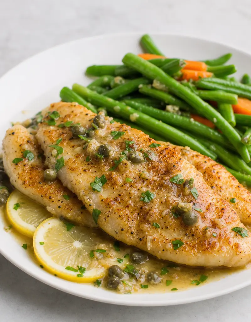 Pan-seared Fish Fillets with Lemon Caper Sauce prepared dish