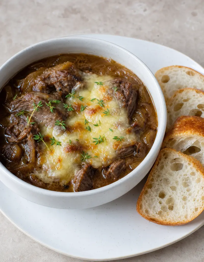 French Onion Beef Au Jus prepared dish