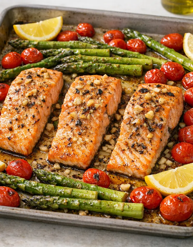 Oven-roasted Salmon With Asparagus And Cherry Tomatoes prepared dish