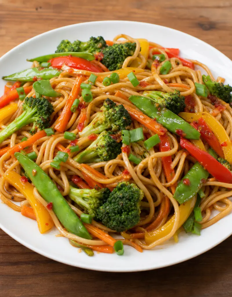 Vegetable Lo Mein with Chili Sauce prepared dish