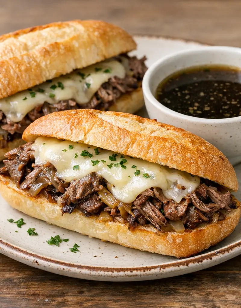 Slow-cooked French Dip Sandwiches prepared dish