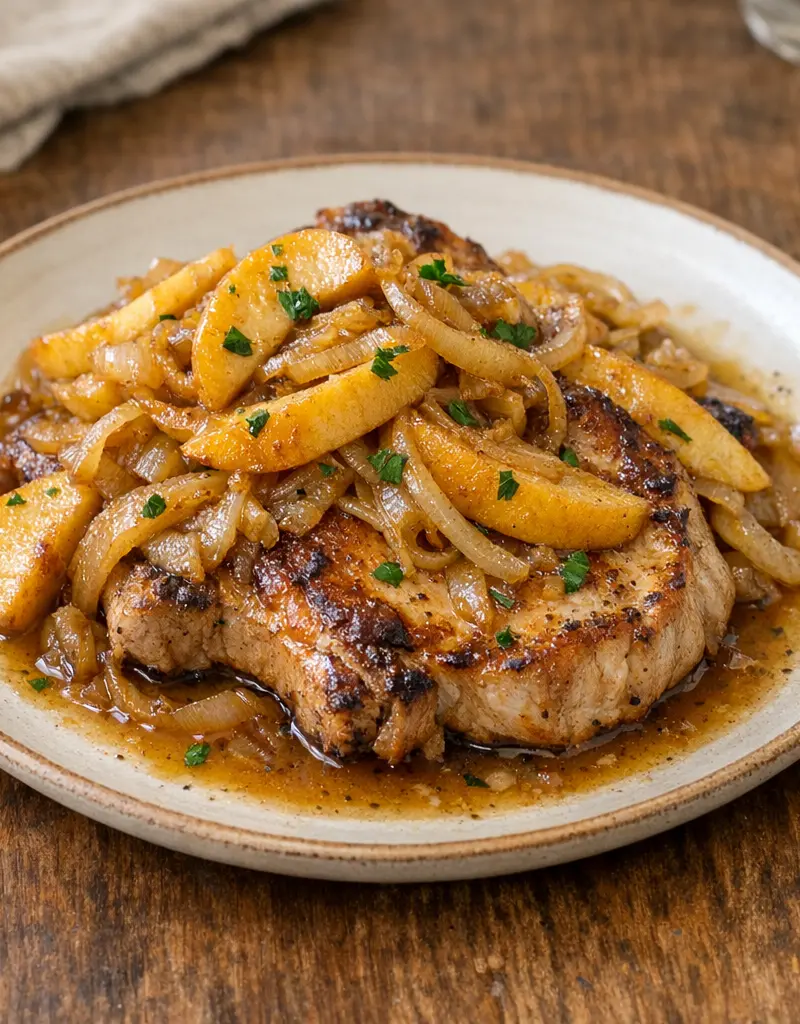 Flemish Style Pork Chops With Apples And Onions prepared dish