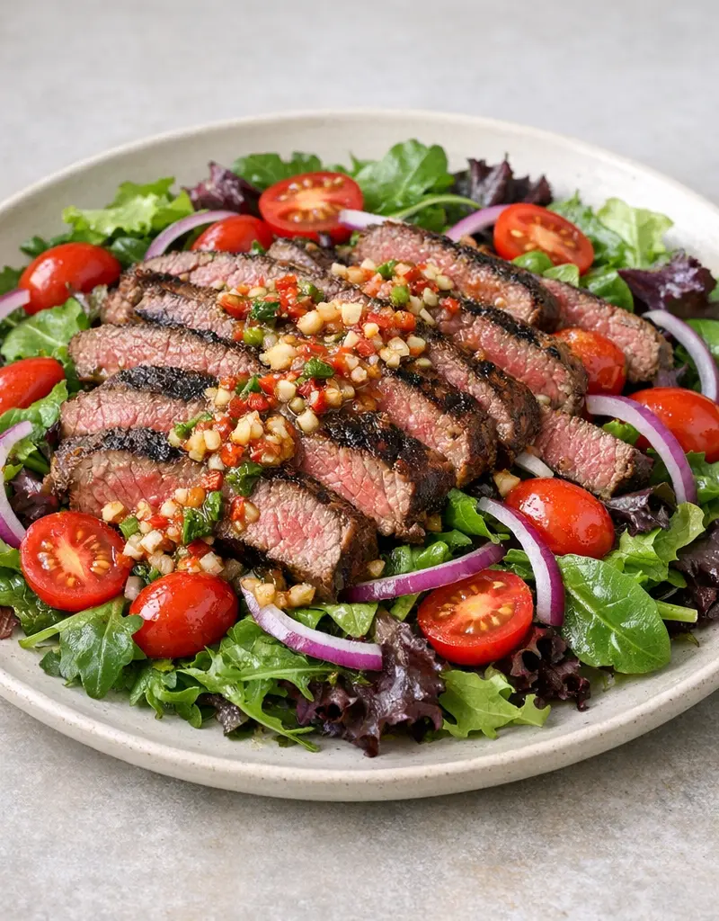 Grilled Steak Salad With Spicy Garlic Salsa prepared dish